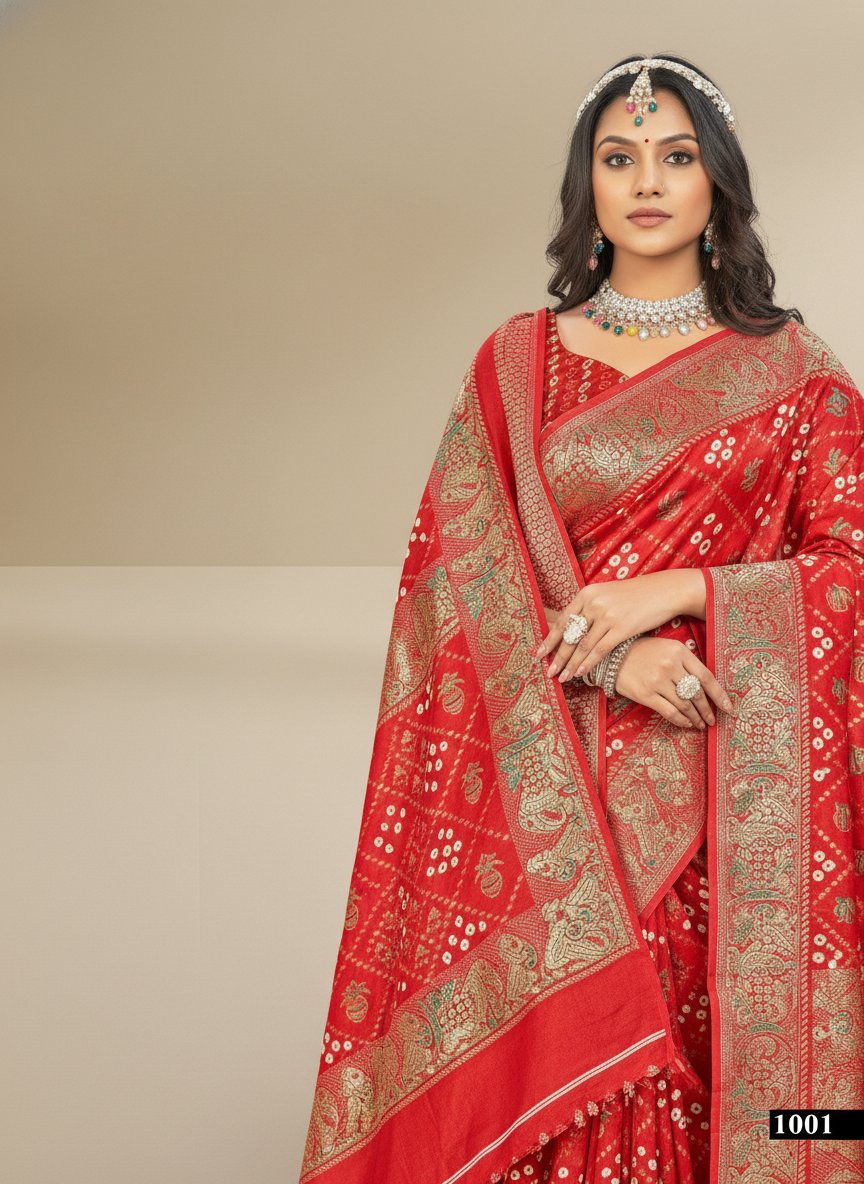 Red Dola Silk Printed Saree - Bawri-1001