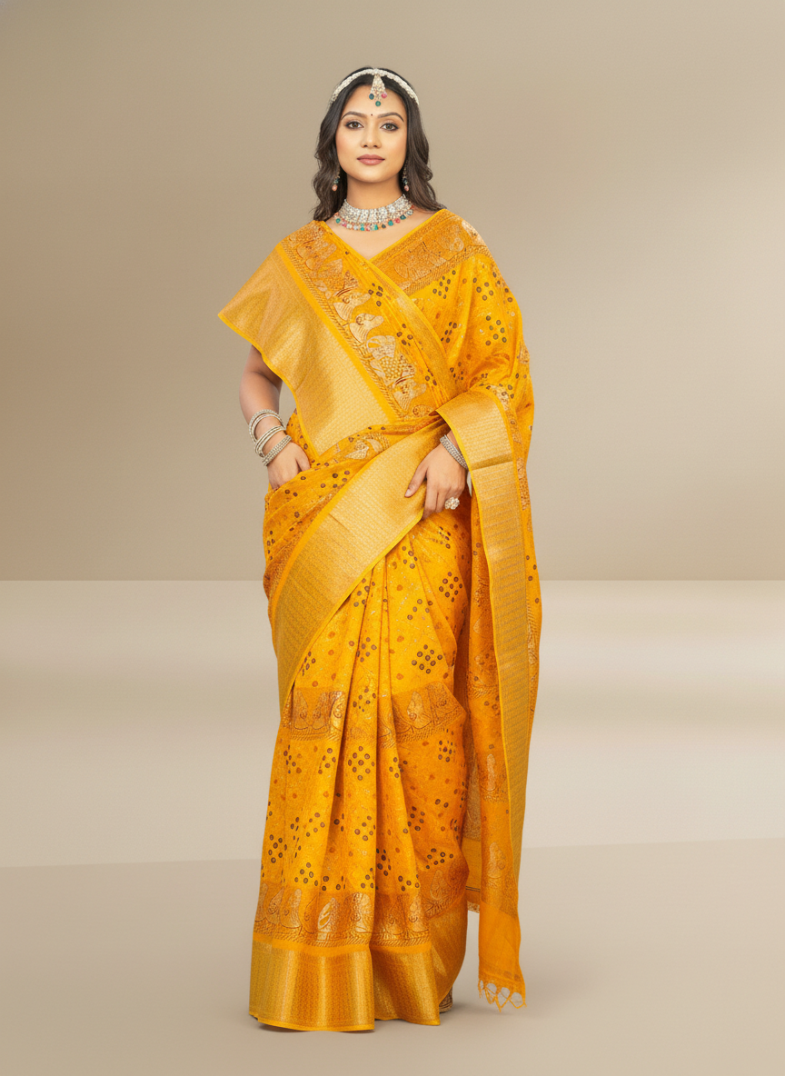 Mustard Dola Silk Printed Saree - Bawri-1004