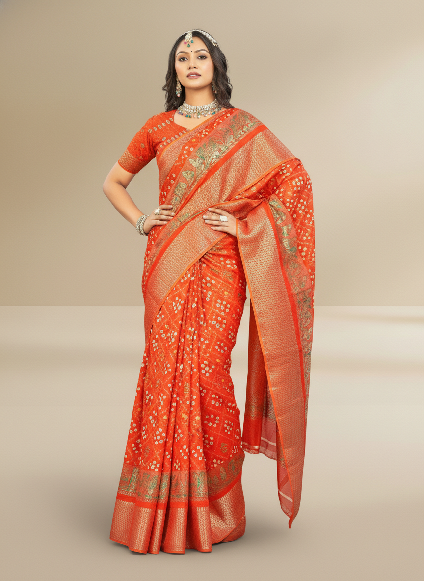 Orange Dola Silk Printed Saree - Bawri-1006