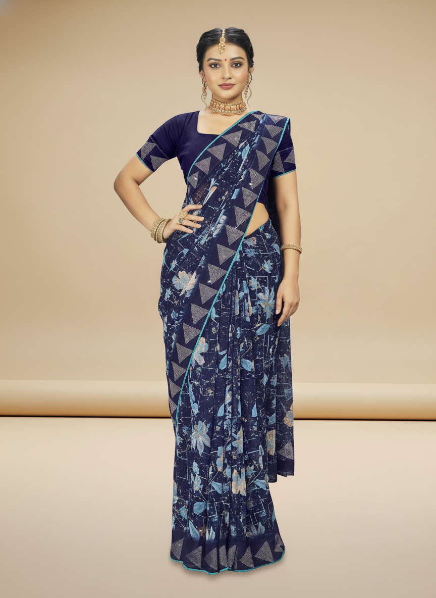 Blue Georgette Printed Saree - Birmi-1002