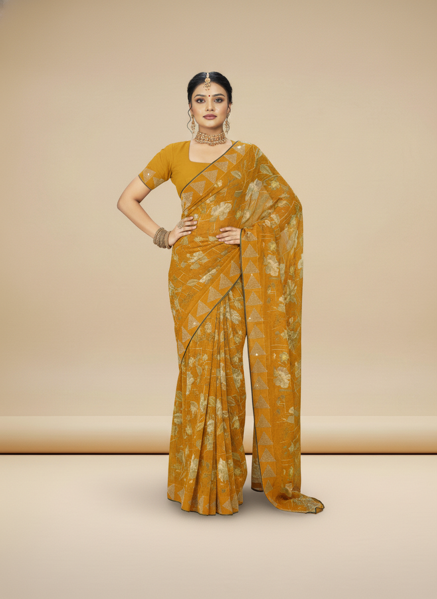 Yellow Georgette Printed Saree - Birmi-1005