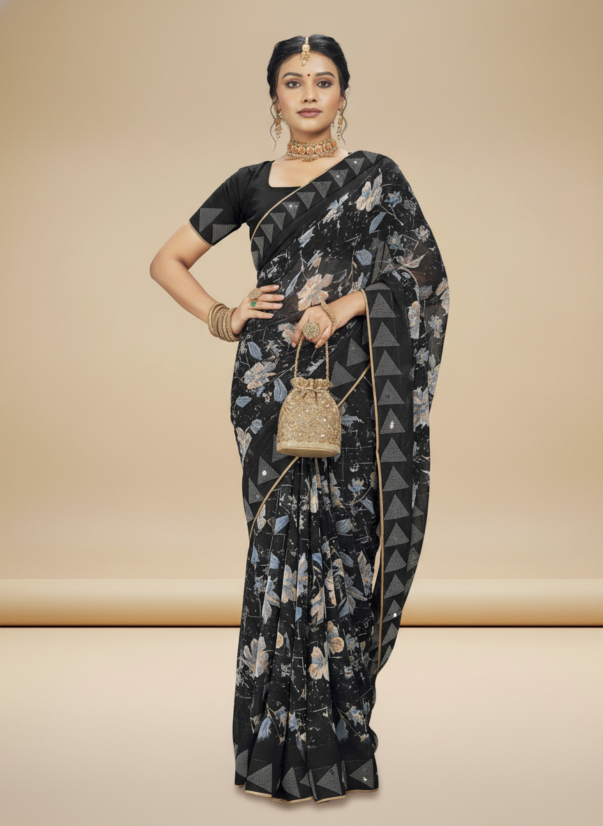 Black Georgette Printed Saree - Birmi-1007