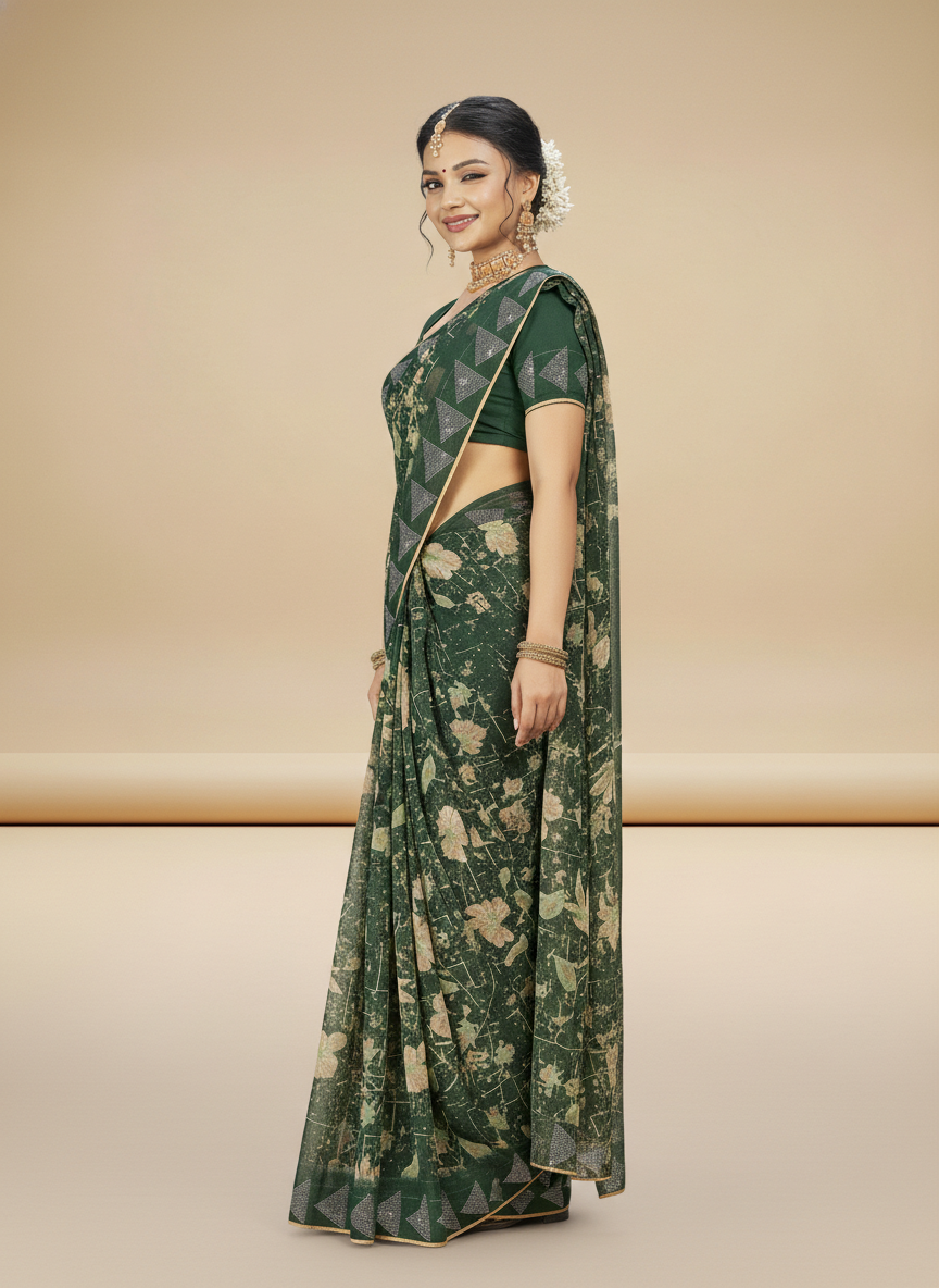 Green Georgette Printed Saree - Birmi-1008