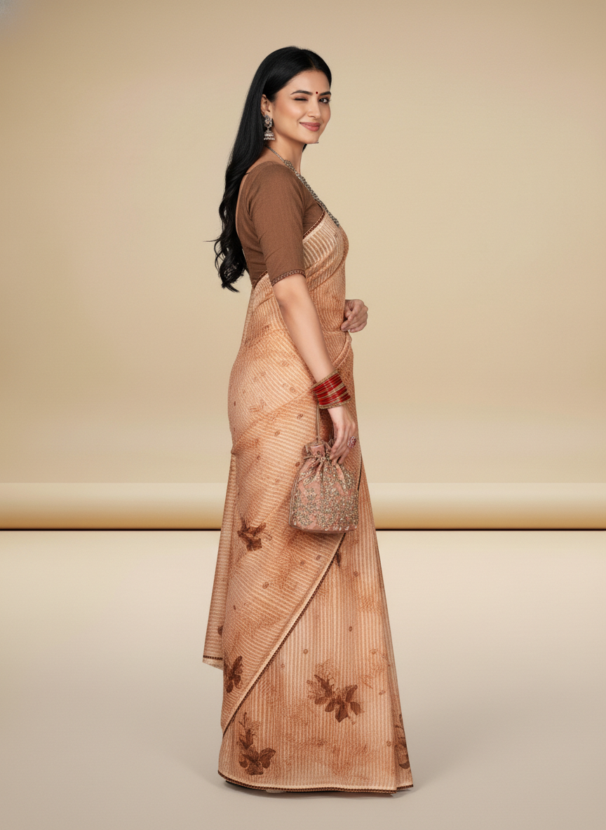 Peach Chiffon Printed Saree - Champion-1004