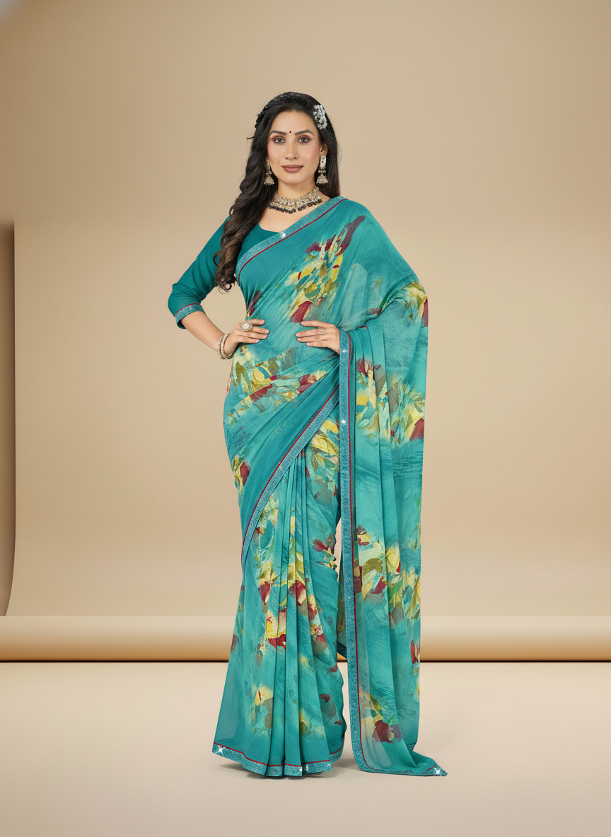 Teal Weigthless Printed Saree - GIGRI-06-6002