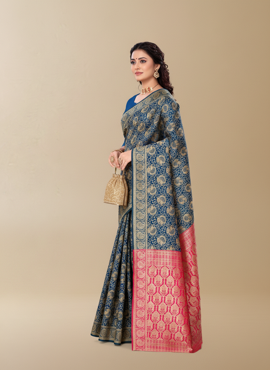 Viyona Blue Silk Jacquard Fancy Saree-PL-154