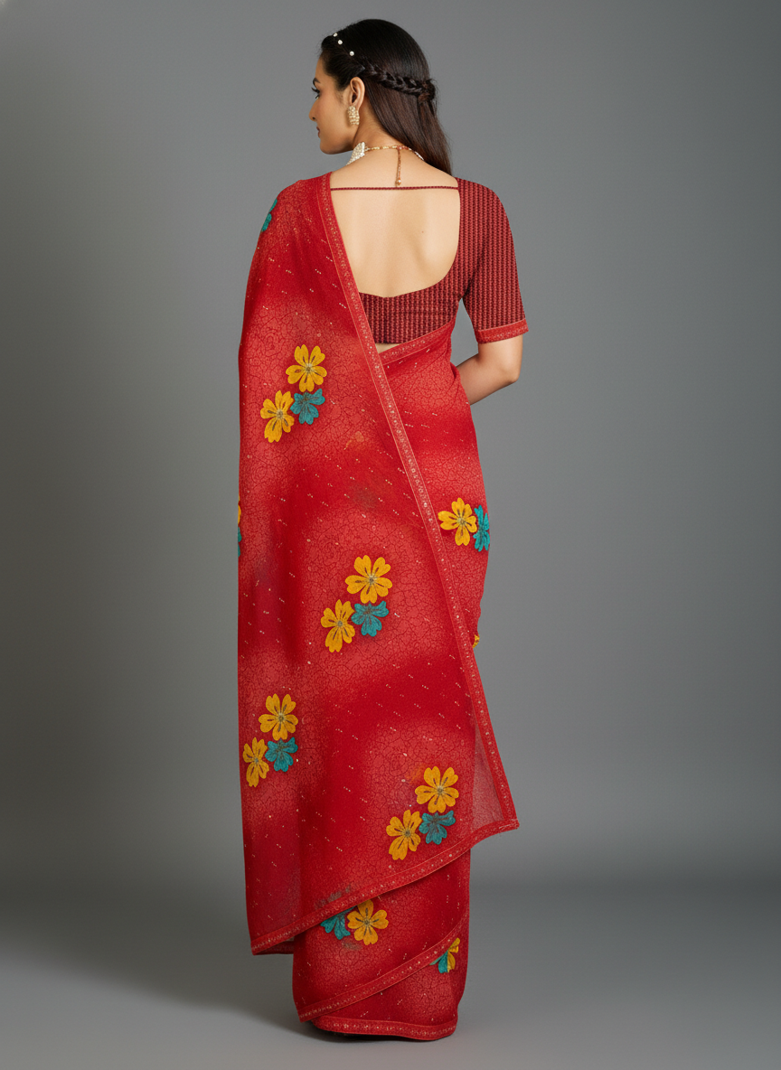 Red Chiffon Printed Saree - RangaRang-1003