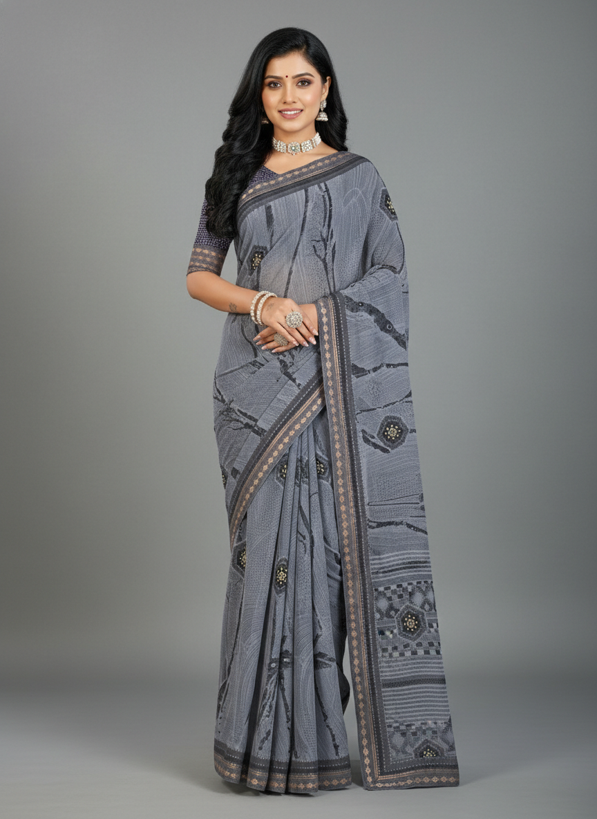 Grey Georgette Printed Saree - Rangtari-2-2006