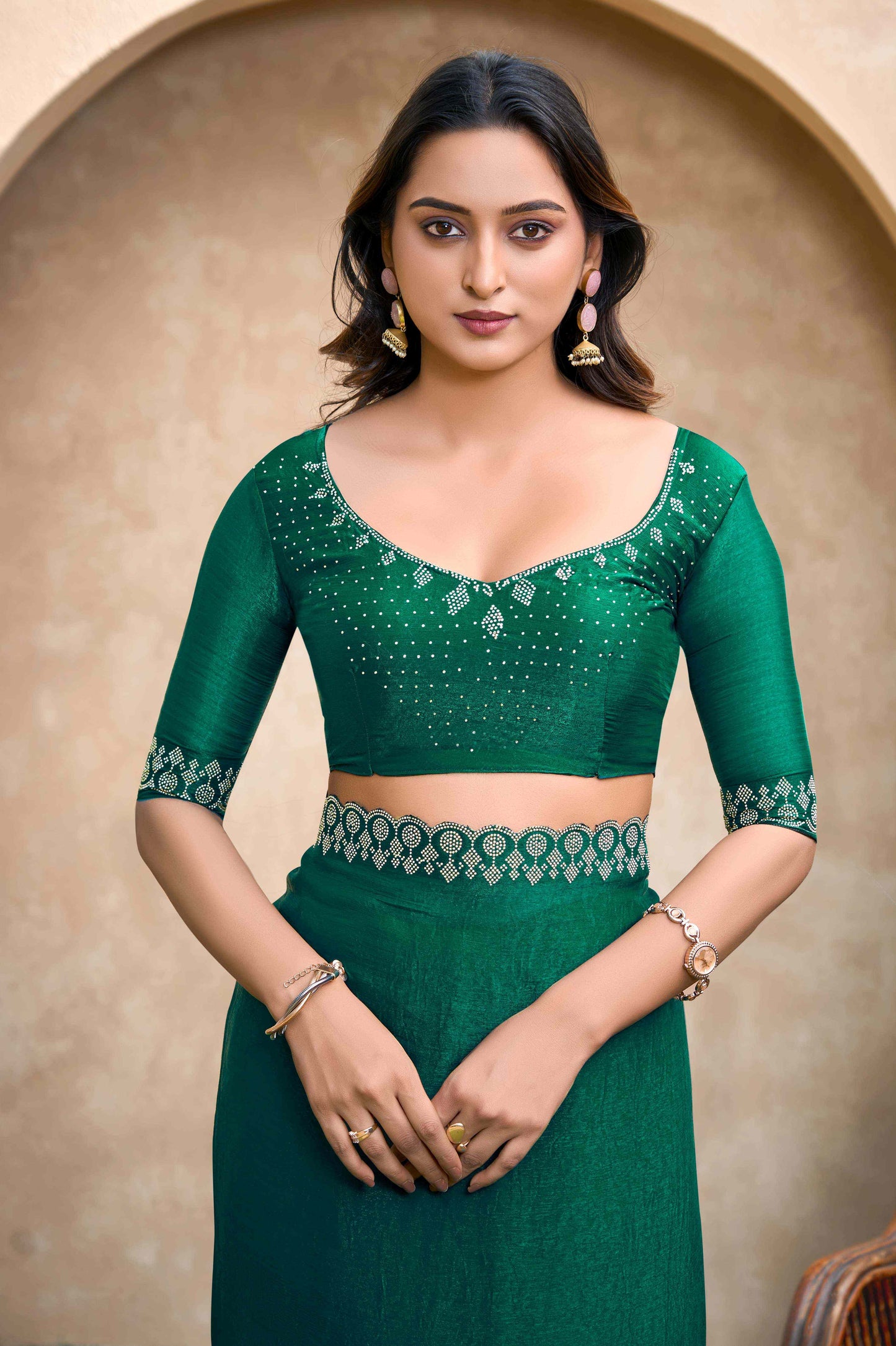 VIYONA FASHION Green Chiffon Saree with Jarkan Work Border and Blouse - PL-VY-12