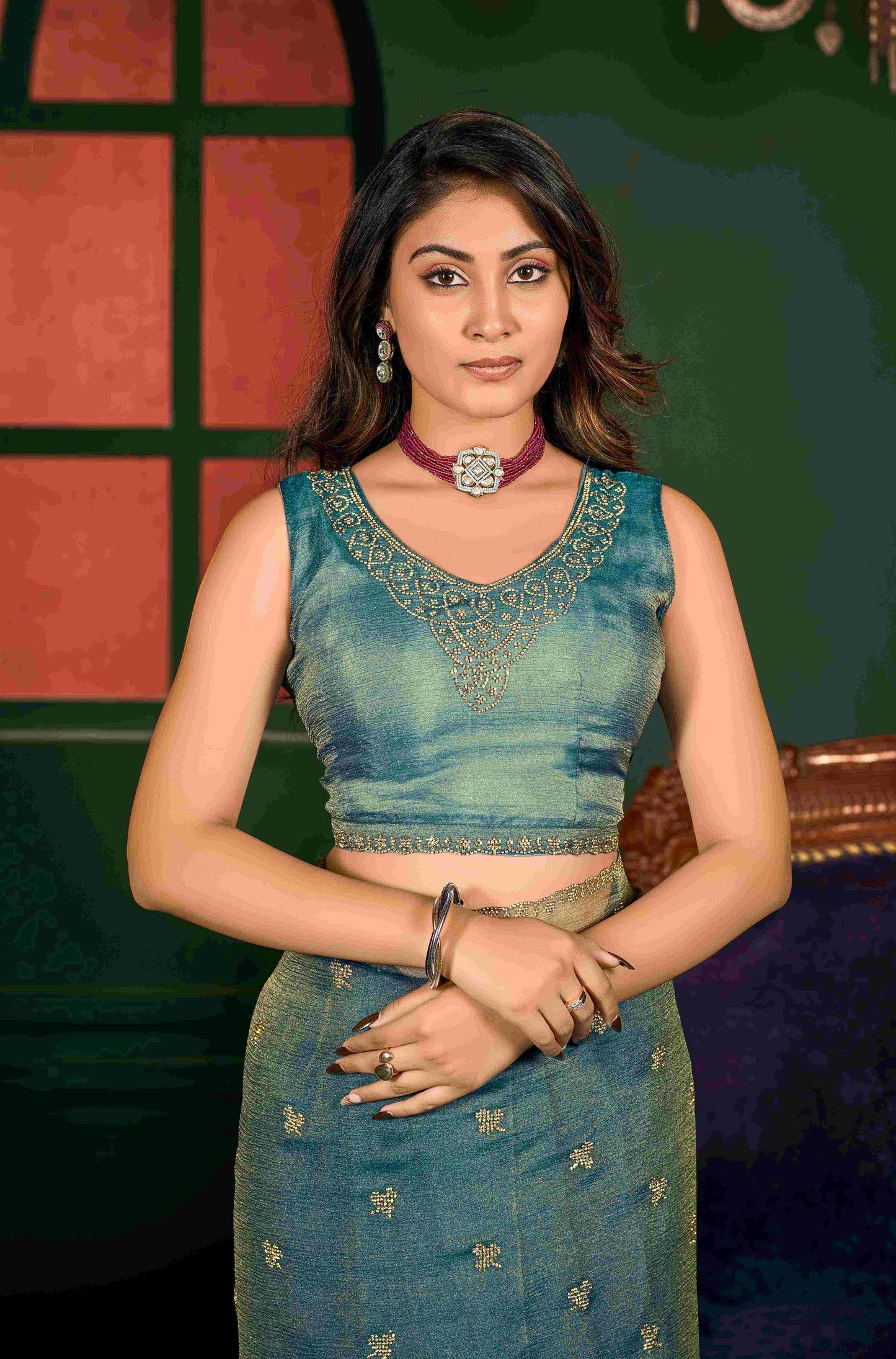 VIYONA FASHION Teal Green Satin Chiffon Saree with Gold Jarkan Work, Traditional Indian Ethnic Wear - PL-VY-16