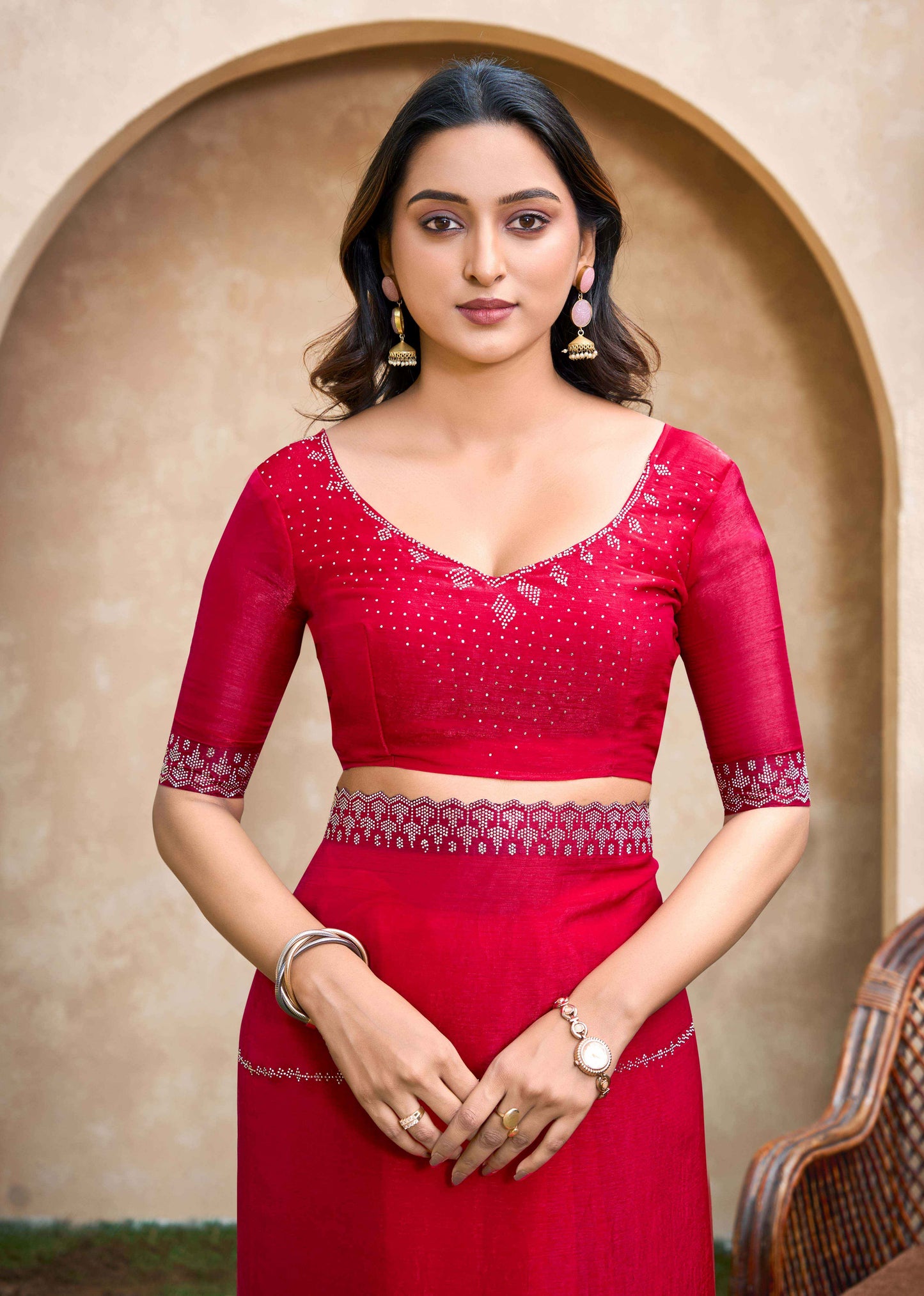 VIYONA FASHION Red Chiffon Saree with Jarkan Work, Border Lace Detail, Traditional Indian Ethnic Wear - PL-VY-23