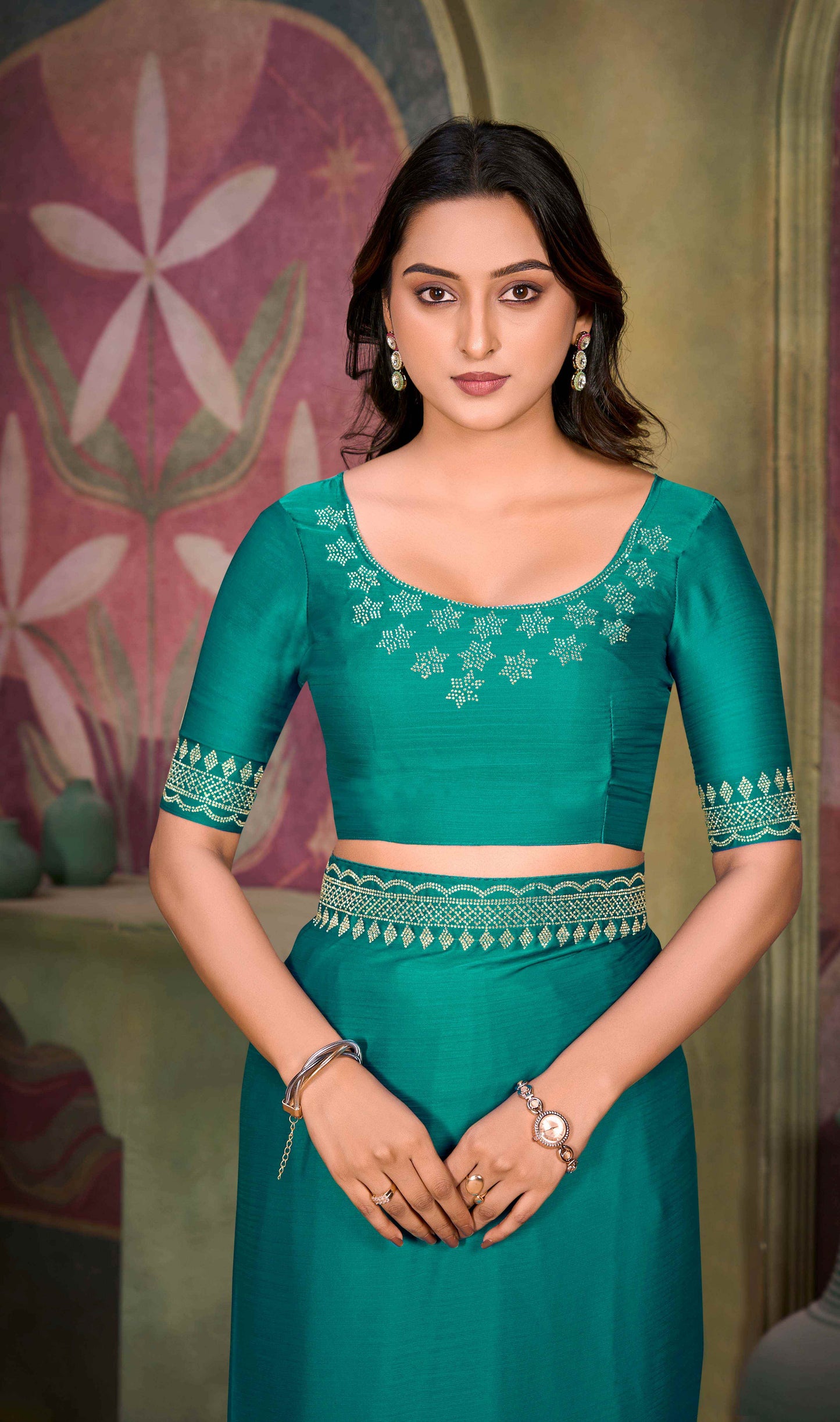 VIYONA FASHION Teal Satin Chiffon Saree with Jarkan Work, Elegant Border Design, Traditional Indian Ethnic Wear - PL-VY-7