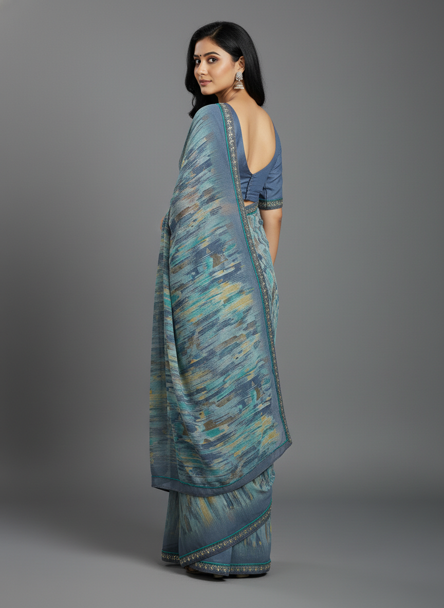 Grey Weightless Georgette Digital Print Saree - VY-Dairy-8002