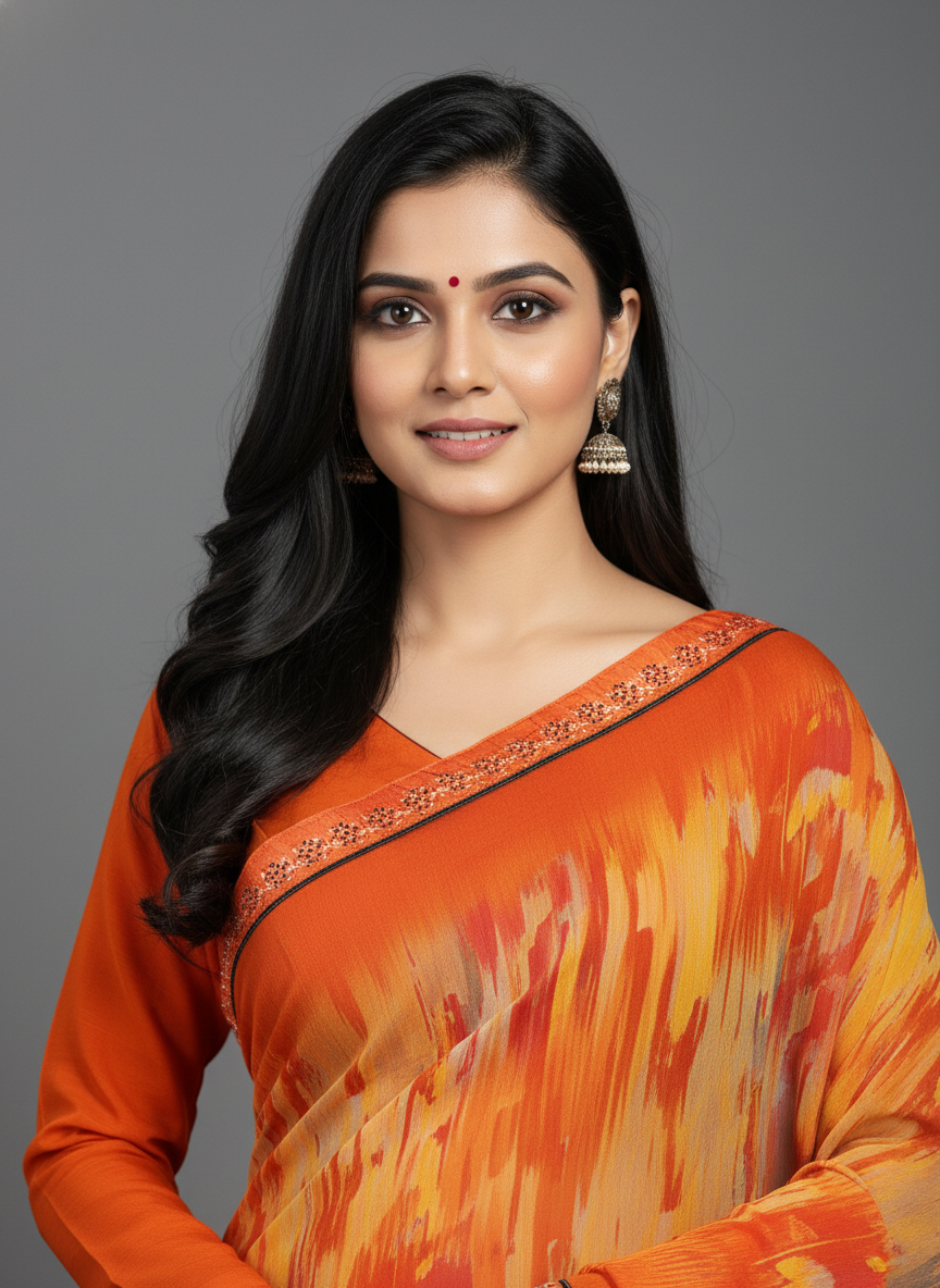 Orange Weightless Georgette Digital Print Saree - VY-Dairy-8003