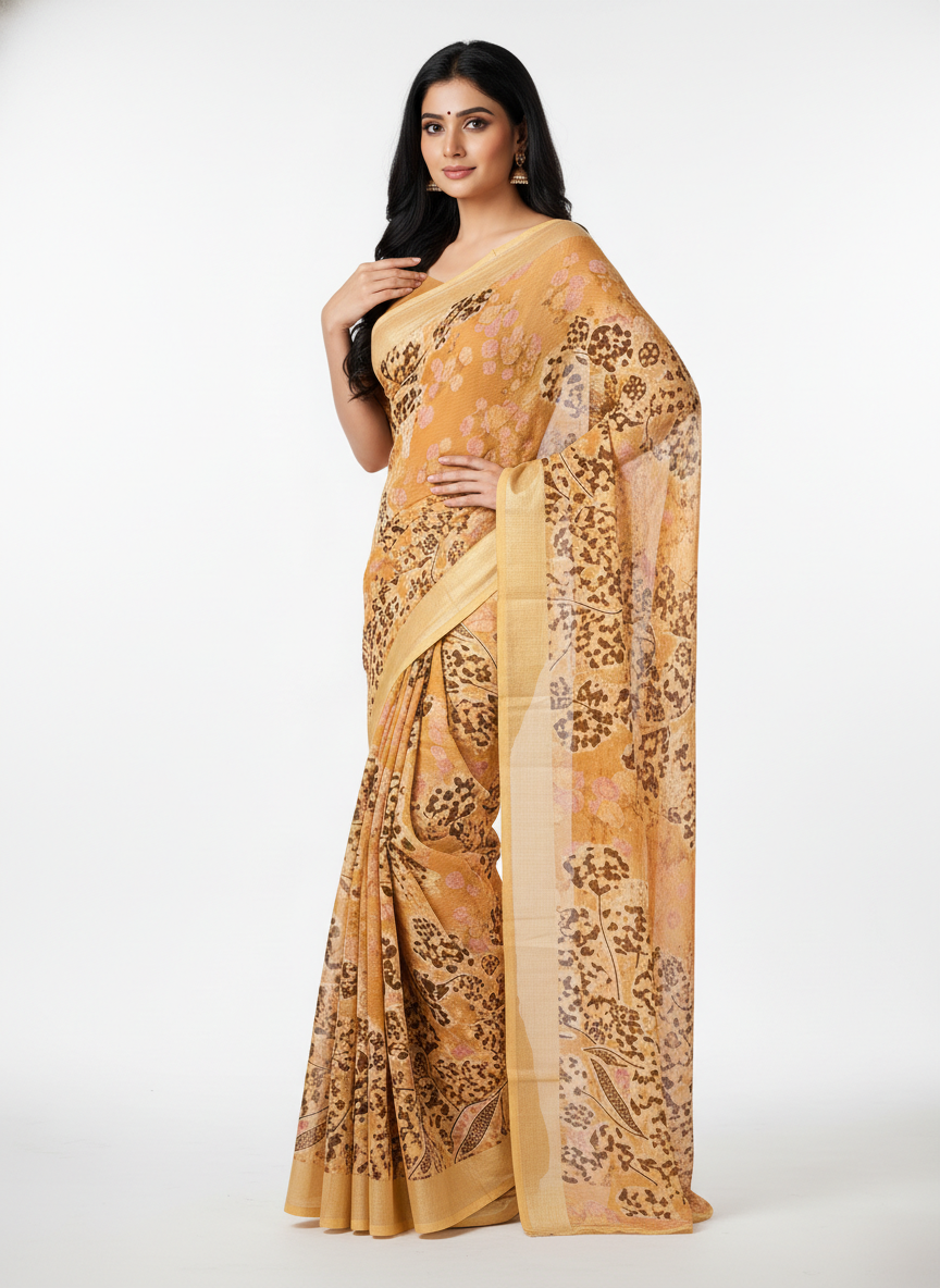 Rust Chiffon Printed Saree - Vatika-1004