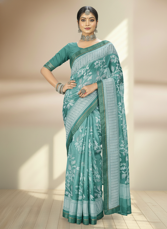 Teal Chiffon Printed Saree - Arpita-1002