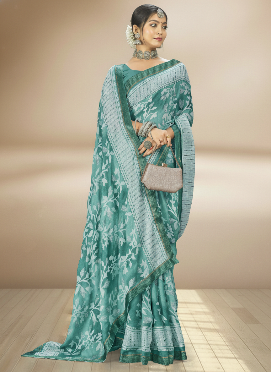 Teal Chiffon Printed Saree - Arpita-1002