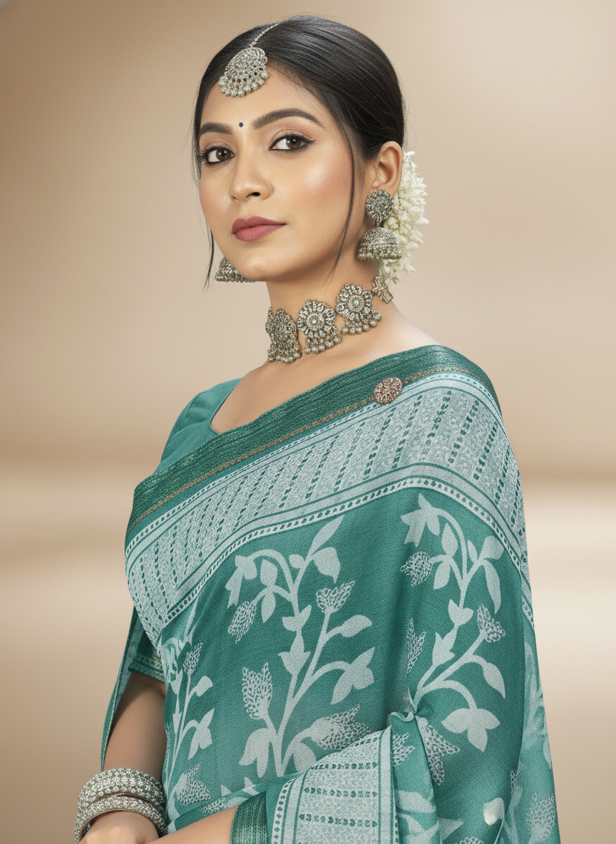 Teal Chiffon Printed Saree - Arpita-1002