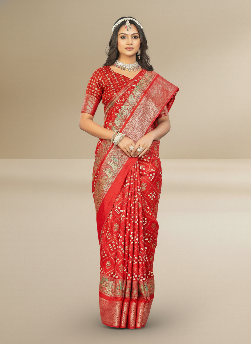Red Dola Silk Printed Saree - Bawri-1001