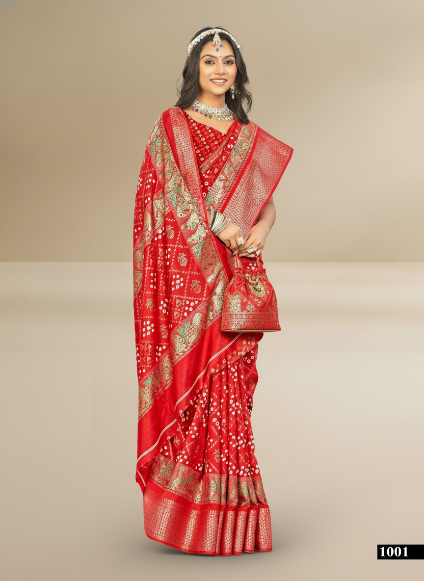Red Dola Silk Printed Saree - Bawri-1001