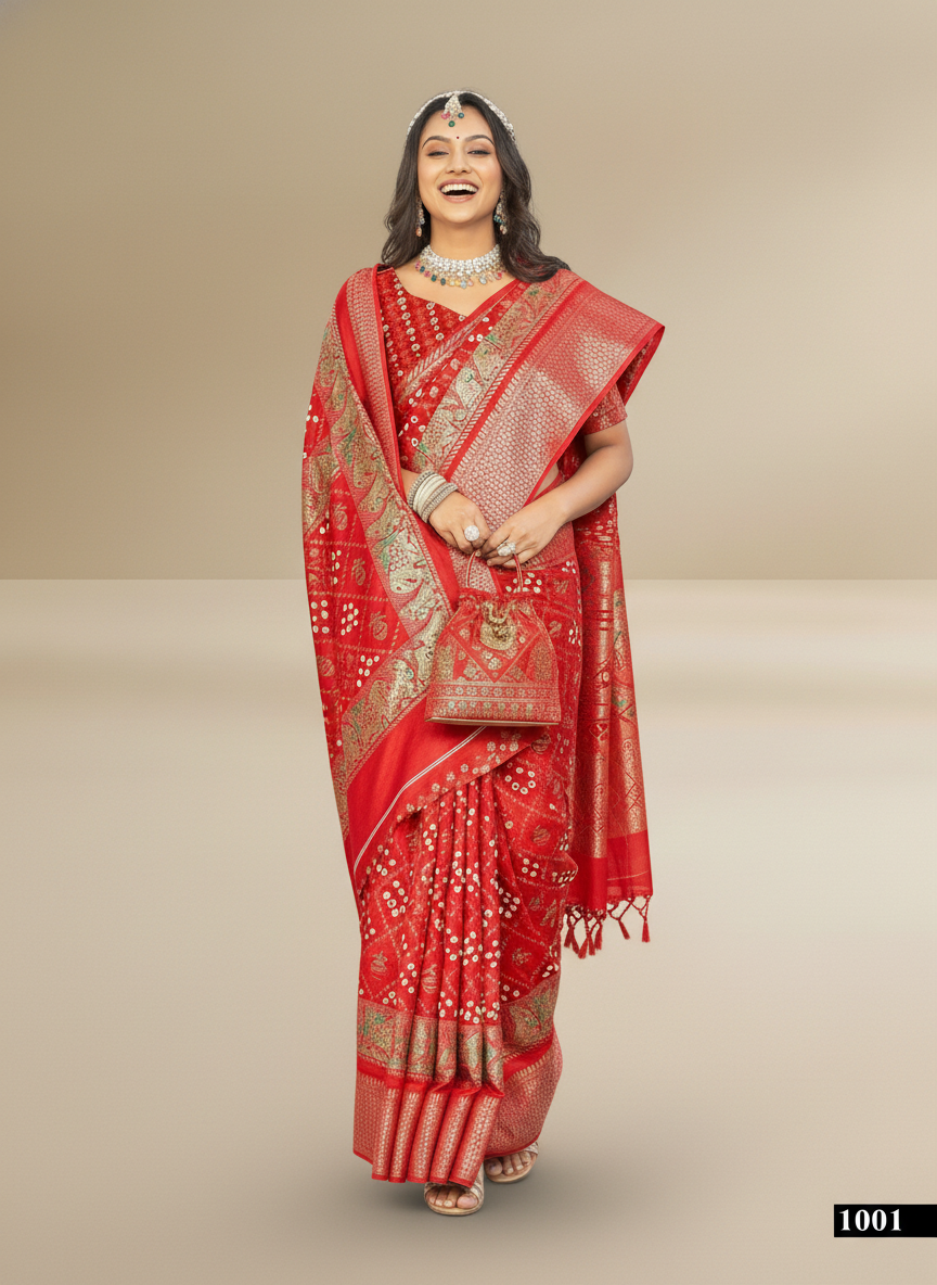 Red Dola Silk Printed Saree - Bawri-1001