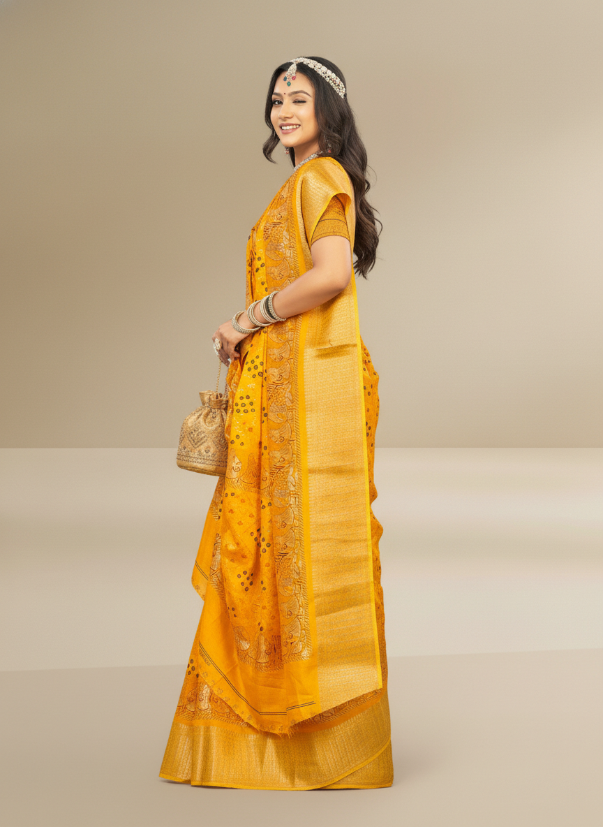 Mustard Dola Silk Printed Saree - Bawri-1004