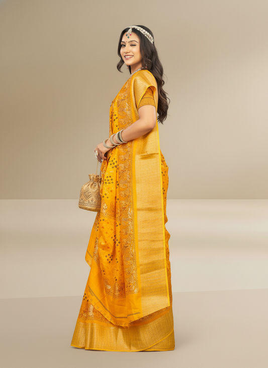 Mustard Dola Silk Printed Saree - Bawri-1004