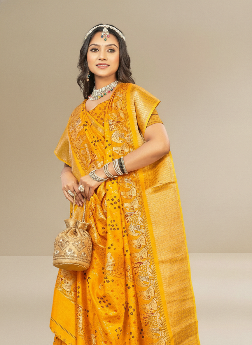 Mustard Dola Silk Printed Saree - Bawri-1004