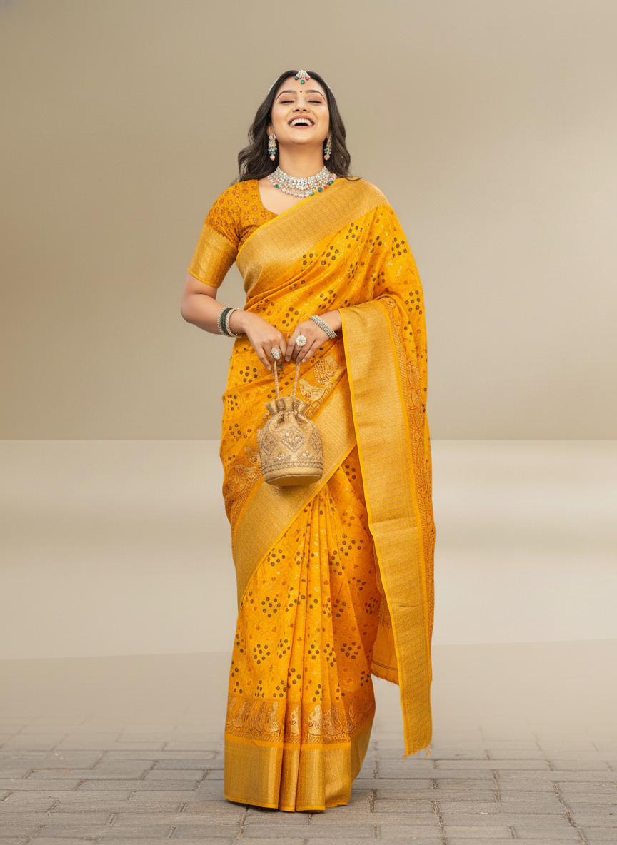 Mustard Dola Silk Printed Saree - Bawri-1004