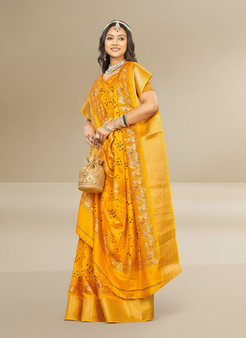 Mustard Dola Silk Printed Saree - Bawri-1004