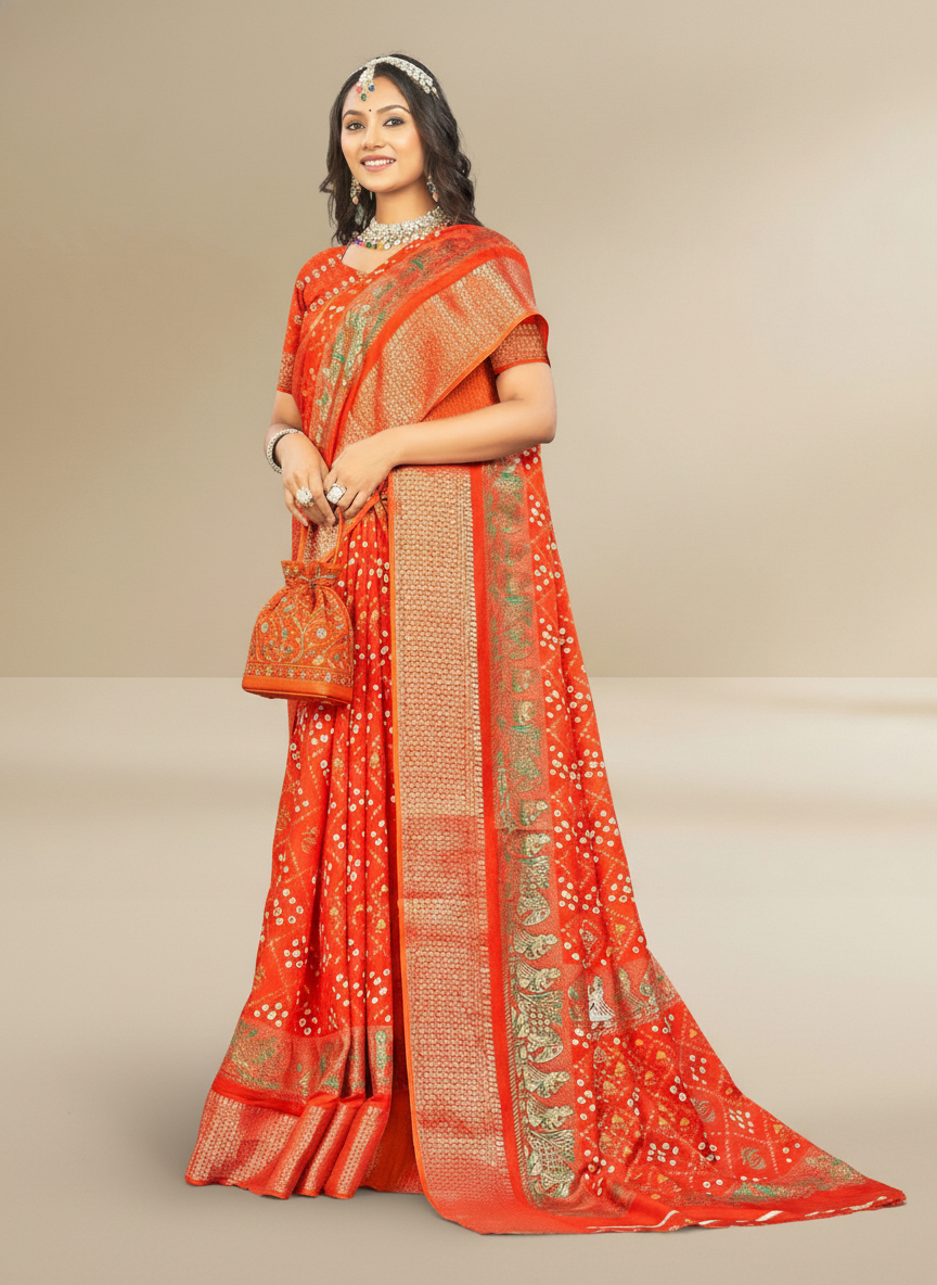 Orange Dola Silk Printed Saree - Bawri-1006