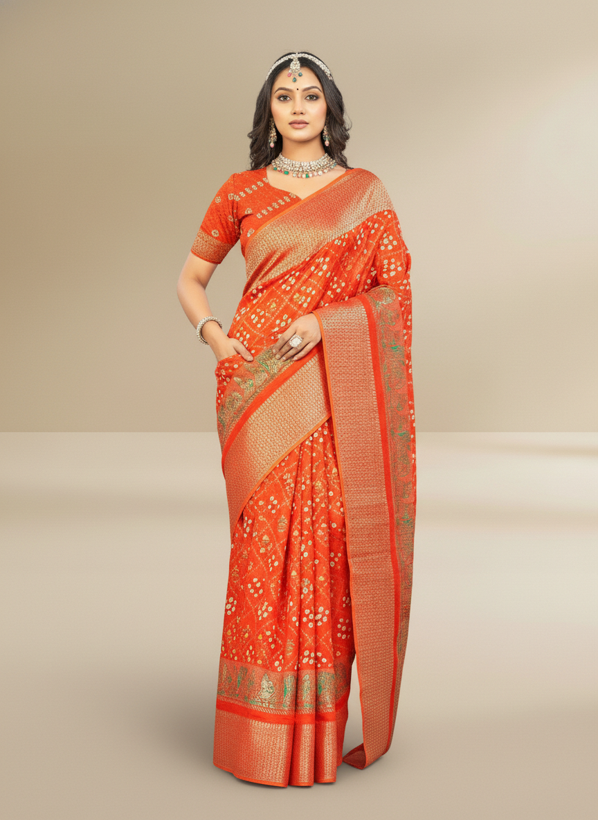 Orange Dola Silk Printed Saree - Bawri-1006