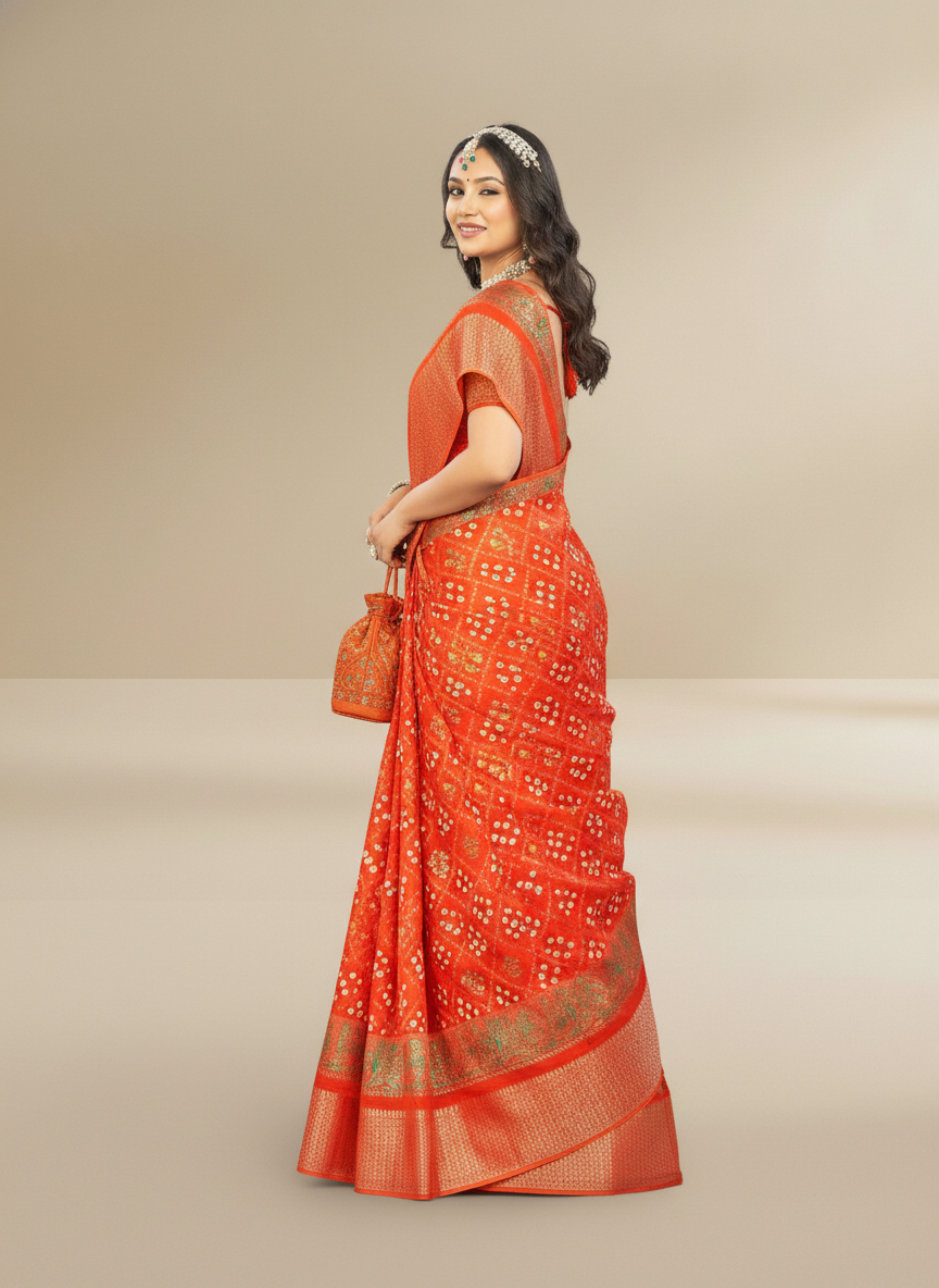 Orange Dola Silk Printed Saree - Bawri-1006