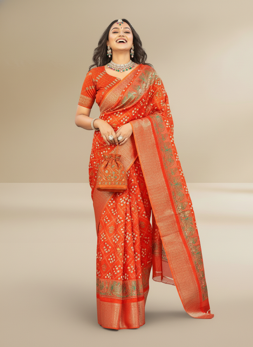 Orange Dola Silk Printed Saree - Bawri-1006