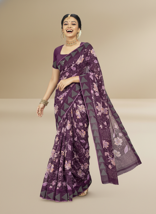 Purple Georgette Printed Saree - Birmi-1001