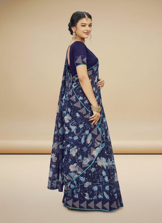 Blue Georgette Printed Saree - Birmi-1002