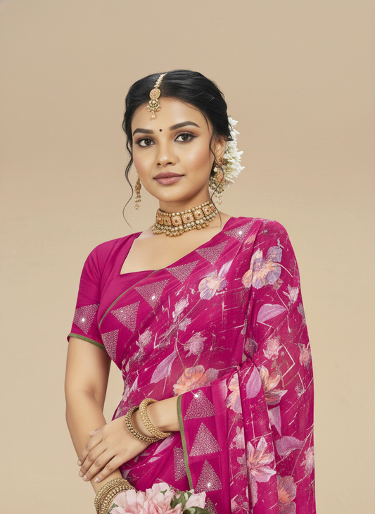 Pink Georgette Printed Saree - Birmi-1003