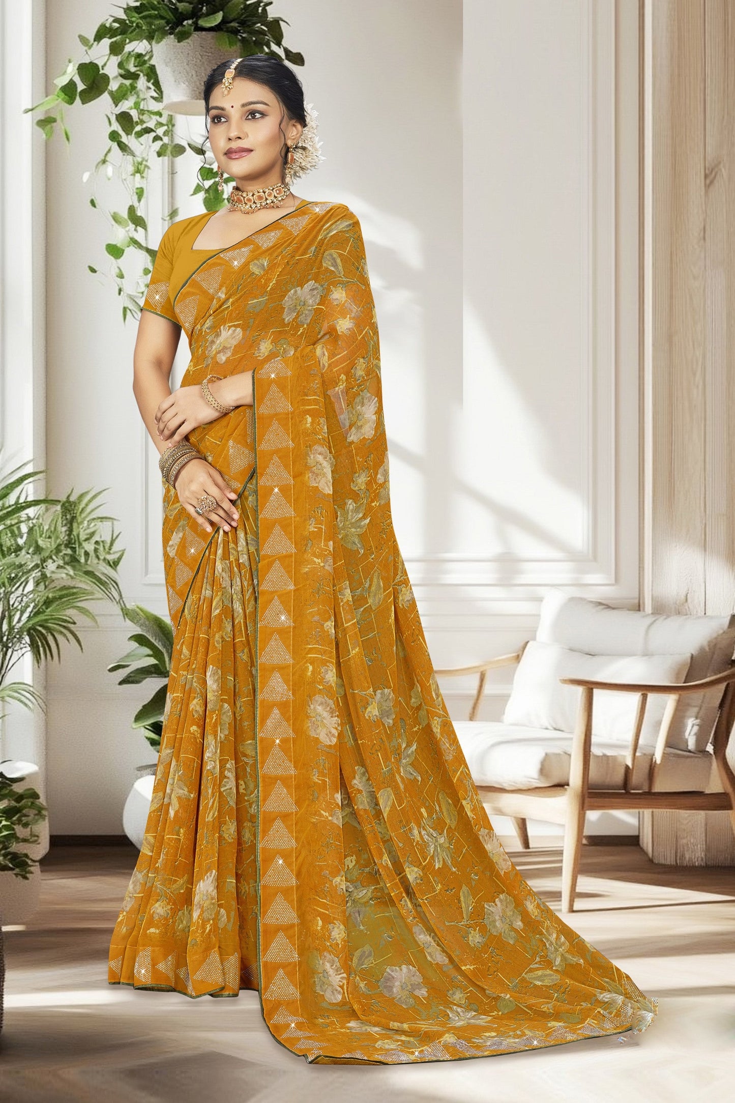 Yellow Georgette Printed Saree - Birmi-1005