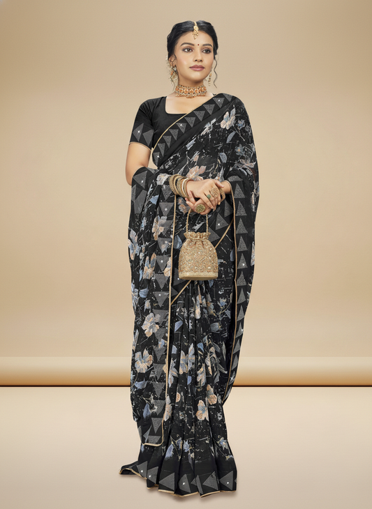 Black Georgette Printed Saree - Birmi-1007