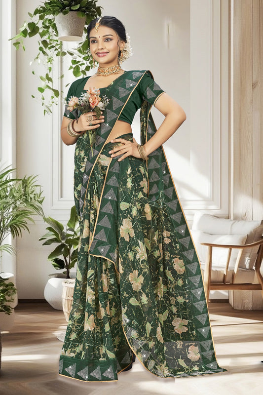 Green Georgette Printed Saree - Birmi-1008