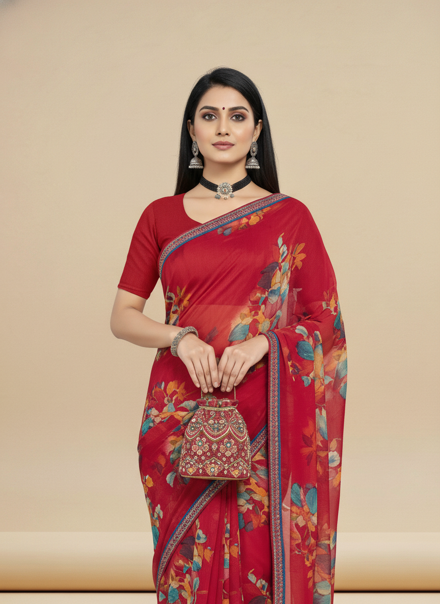 Red Weigthless Printed Saree - GIGRI-06-6001