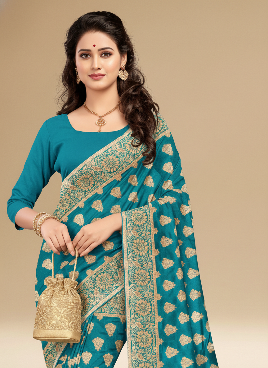 Viyona Sky Blue Silk Jacquard Fancy Saree-PL-108
