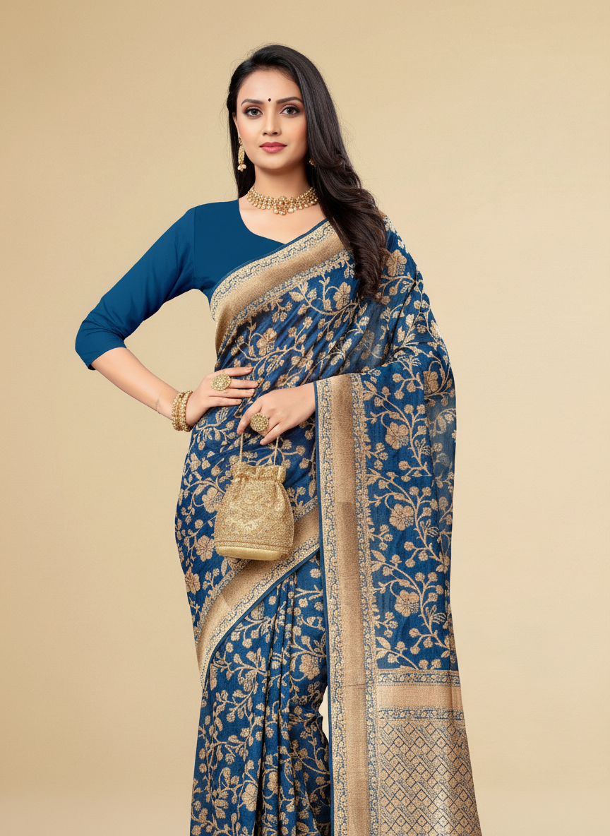 Viyona Blue Silk Jacquard Fancy Saree-PL-113