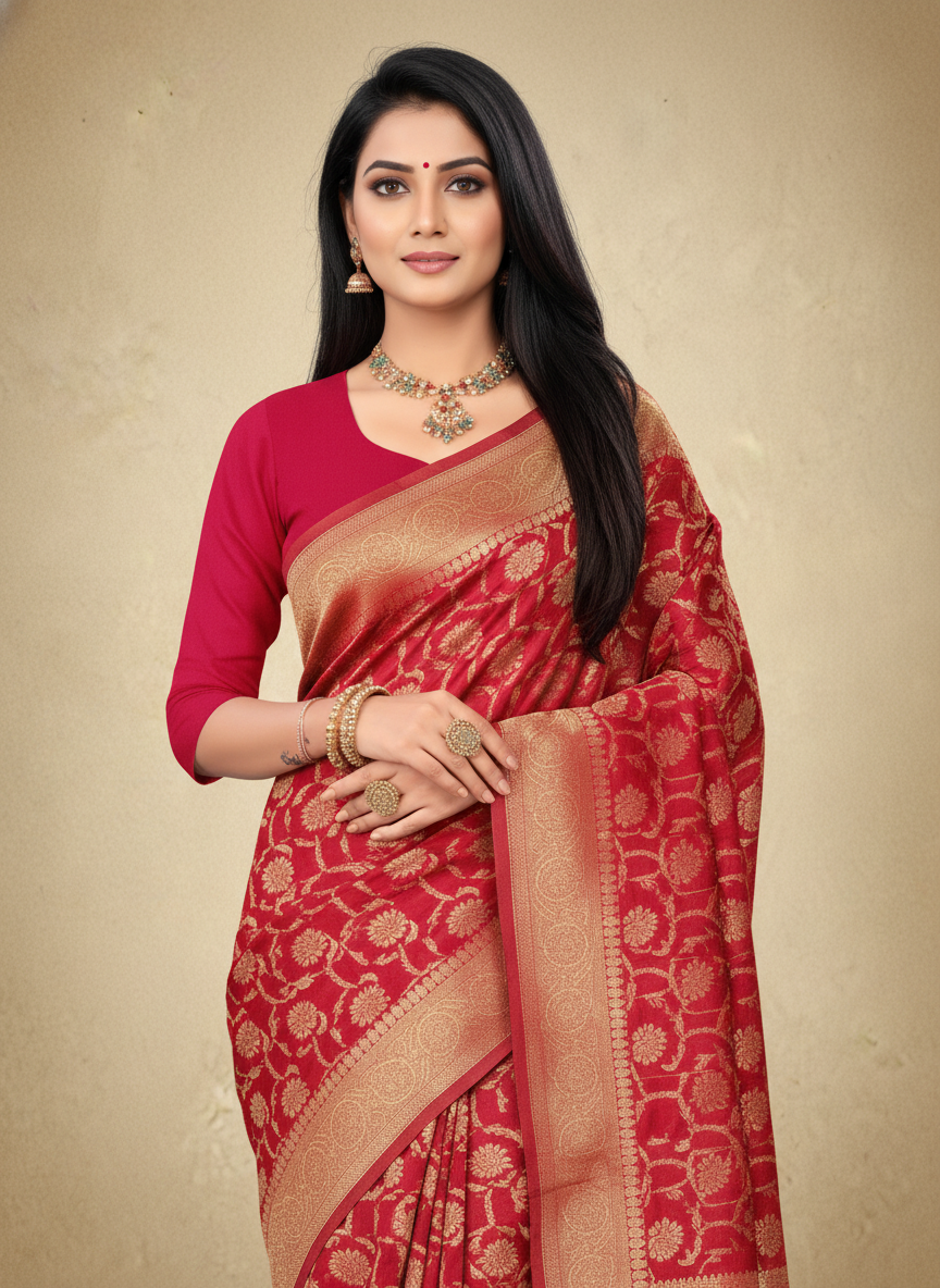Viyona Red Silk Jacquard Fancy Saree-PL-126