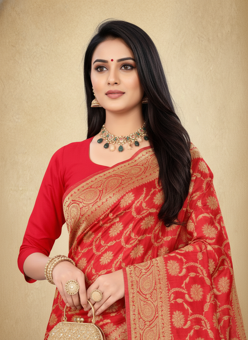 Viyona Red Silk Jacquard Fancy Saree-PL-128