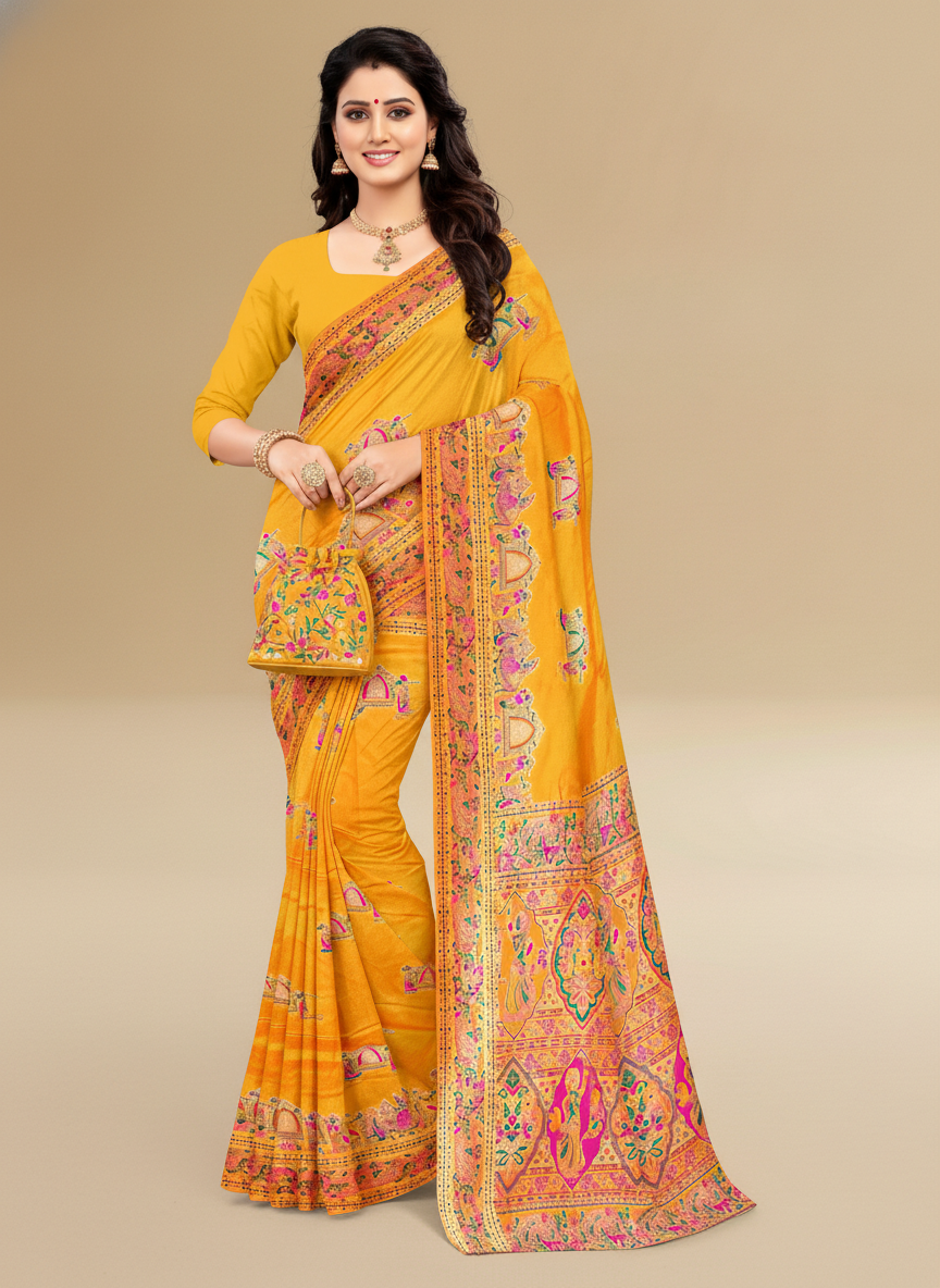 Viyona Yellow Silk Jacquard Fancy Saree-PL-132