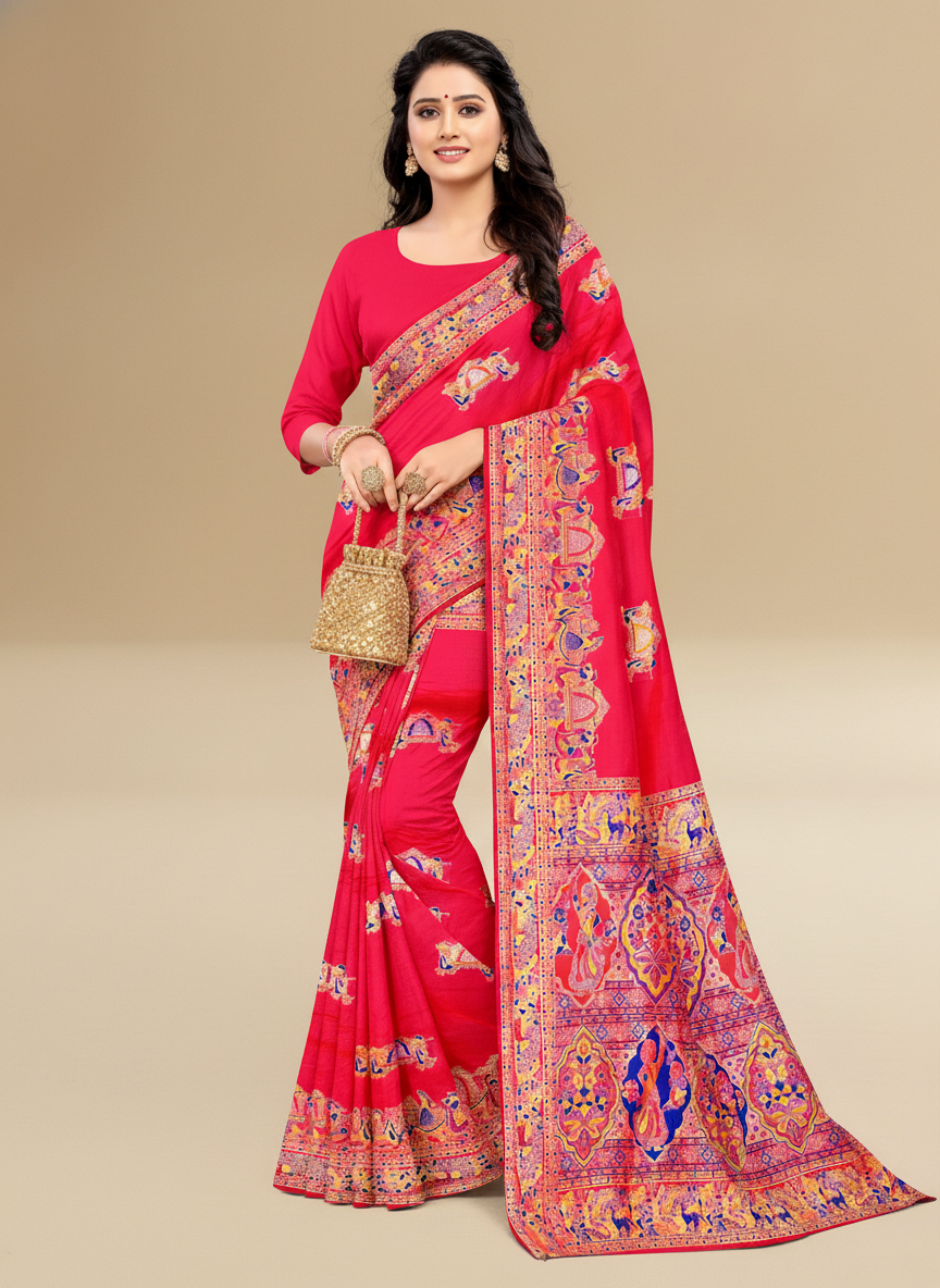Viyona Red Silk Jacquard Fancy Saree-PL-136