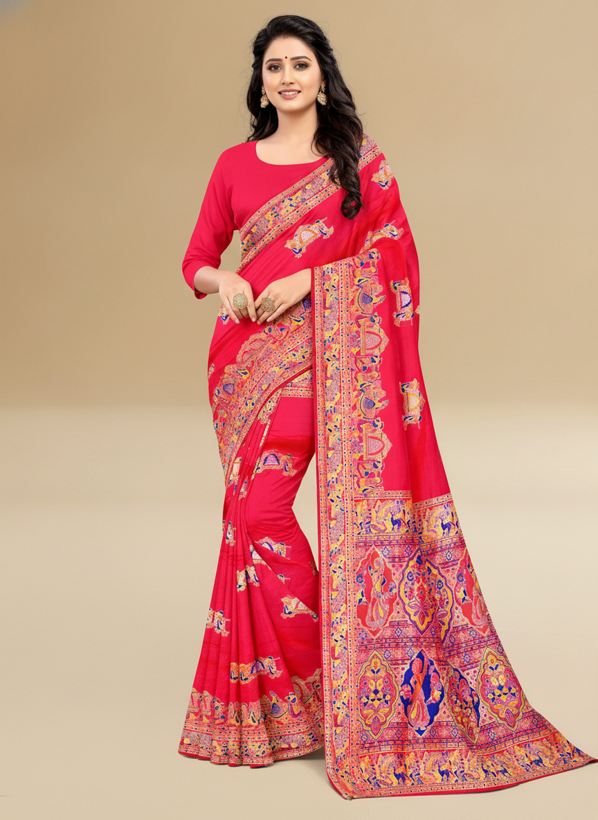 Viyona Red Silk Jacquard Fancy Saree-PL-136