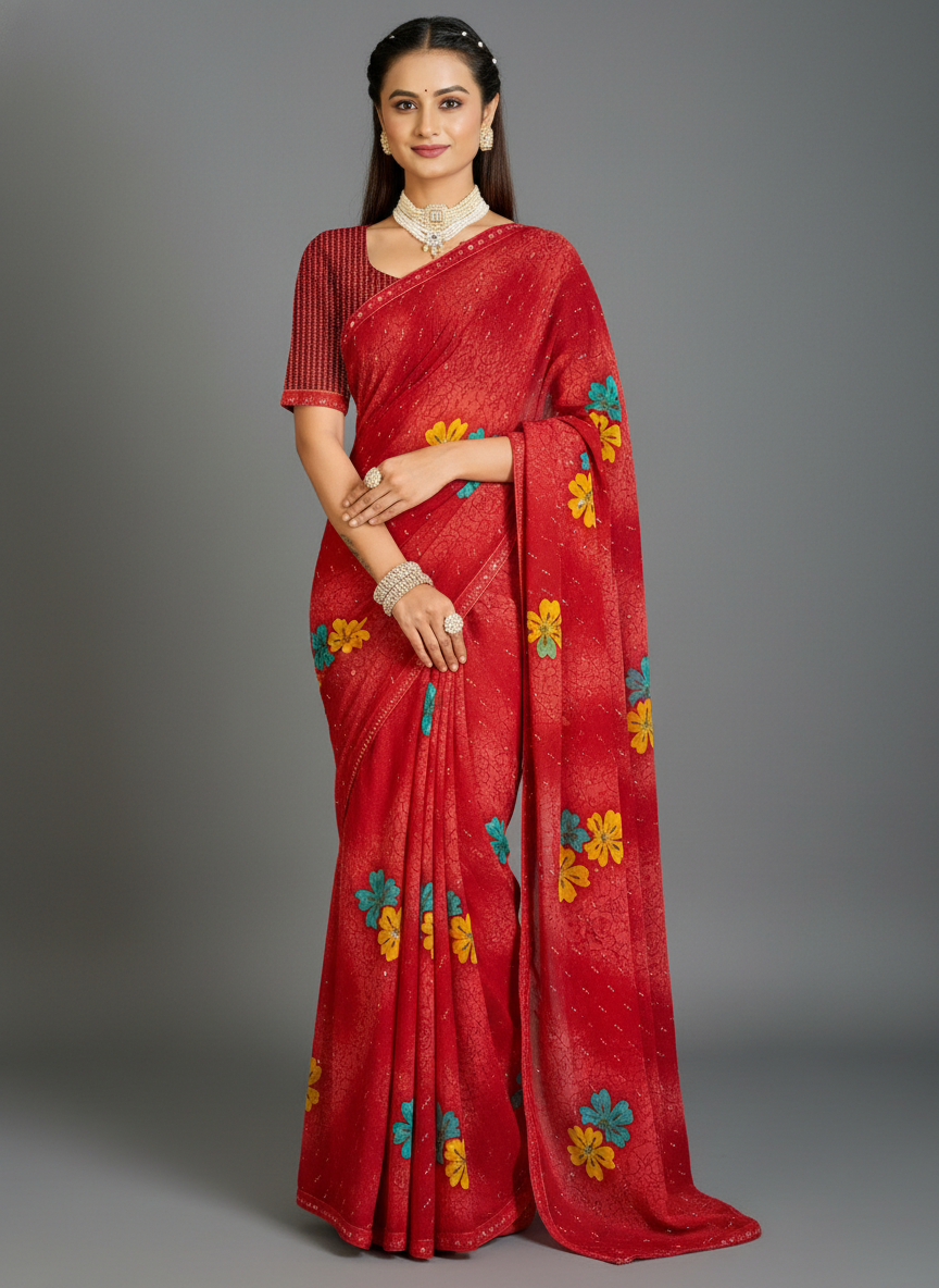Red Chiffon Printed Saree - RangaRang-1003