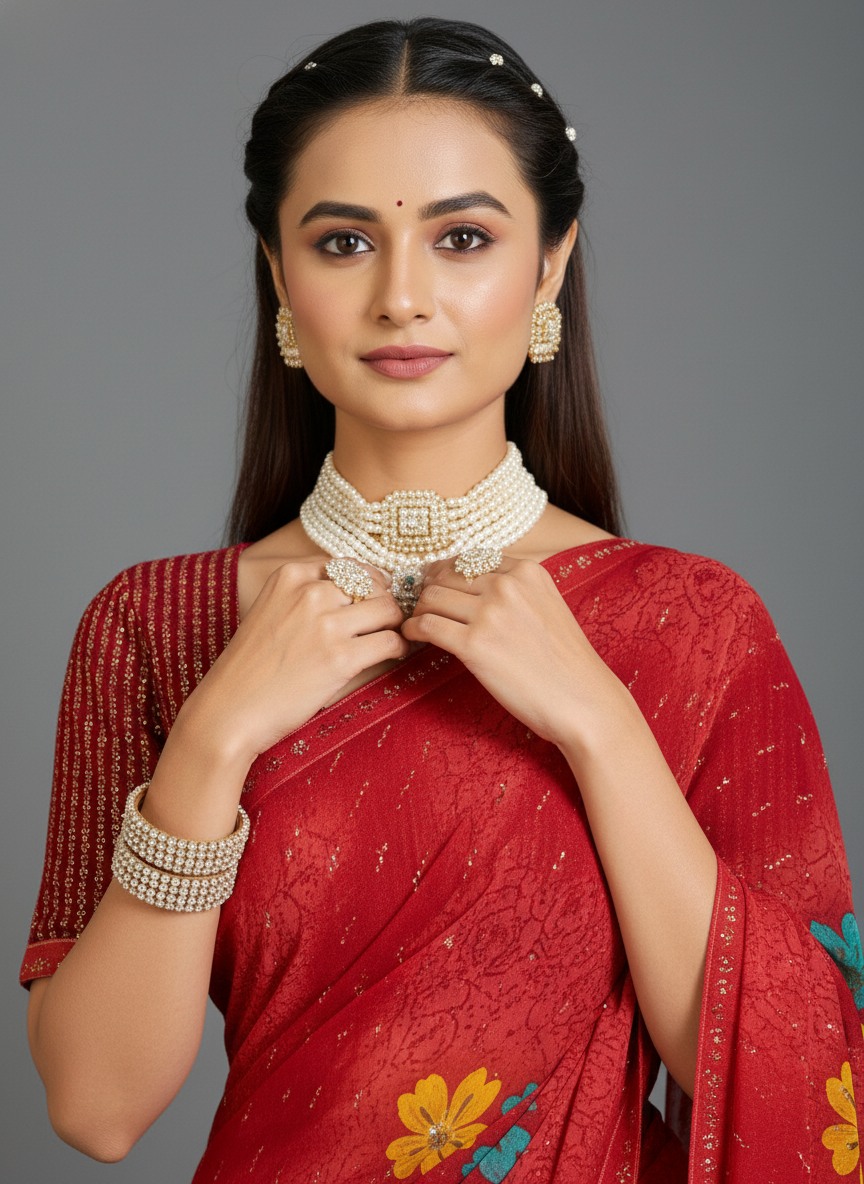 Red Chiffon Printed Saree - RangaRang-1003